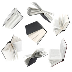 Many hardcover books falling on white background