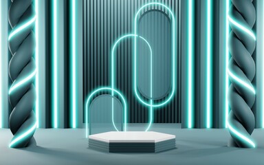 3D render of Podium background in blue tones for displaying cream products. cosmetics