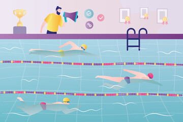 Coach uses megaphone and trains swimmers in pool. Male instructor watches as an sportsmen performs tasks and controls speed and time. Strong athletes have swimming lessons in pool