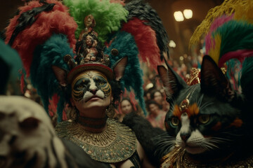 A woman wearing a cat mask and peacock feather headdress, standing next to a cat