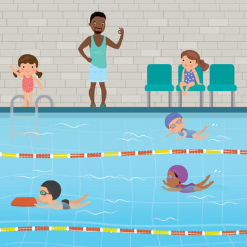 Coach man teaching children, swimming class. Multiethnic school kids group in swimming pool. Happy kids characters swimming in poolside, training, education, learning to swim.