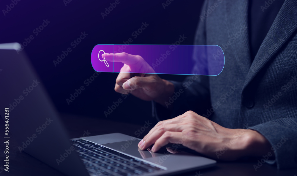 Poster businessman working with computer laptop on desk in office. searching browsing internet data informa