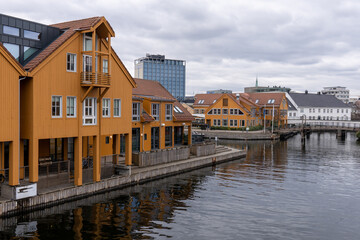 Fiskebrygga in Kristiansand, beautiful colorful houses, Norway