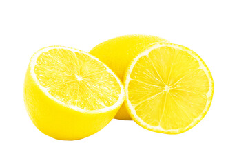 Lemon citrus fruits, whole, half and slice isolated on transparent background