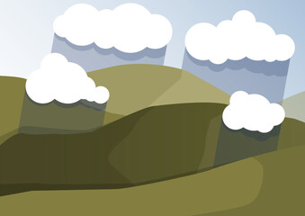 Fototapeta premium Landscape with green hills and white clouds from which it is raining