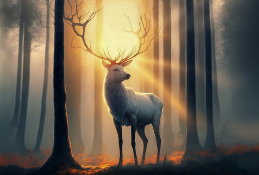 A white stag standing in a forest clearing At sunrise