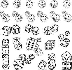 A collection of six sided dice drawings. Both singles, pairs and groups, placed in different ways