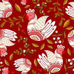 Folk Art Birds in Red Vector Seamless Pattern