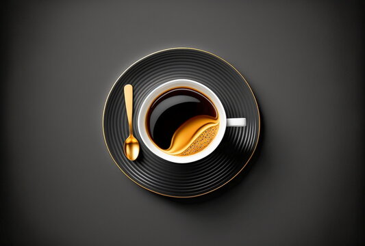 Cup of coffee on gold black background. Minimalistic flat lay. Top view