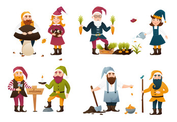 Set of four garden gnomes or dwarfs. Collection cute funny garden gnomes friendly fairy tail character gardener