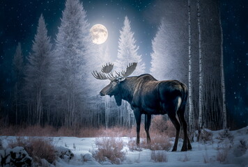Moose in the Winter Forest under a Full Moon