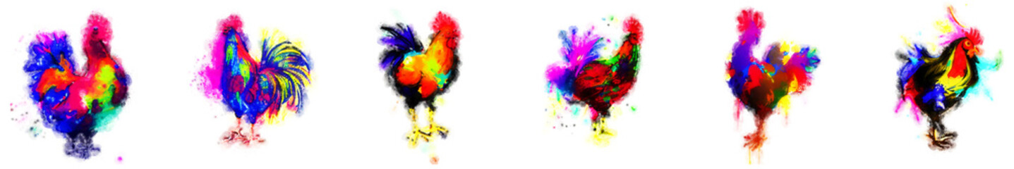 Colorful Chickens in Watercolor Collage
