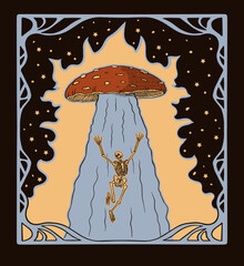 flying saucer mushroom carries away skeleton, psychedelic illustration