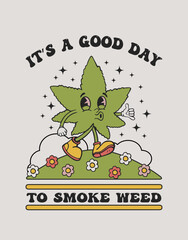 marijuana leaf character smiles and walks , cheerful print on a t-shirt, retro style - obrazy, fototapety, plakaty