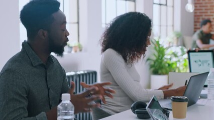 Startup, marketing or business people with tablet in meeting planning social media KPI, data analytics or research review. Digital agency or black people for collaboration, networking or SEO strategy