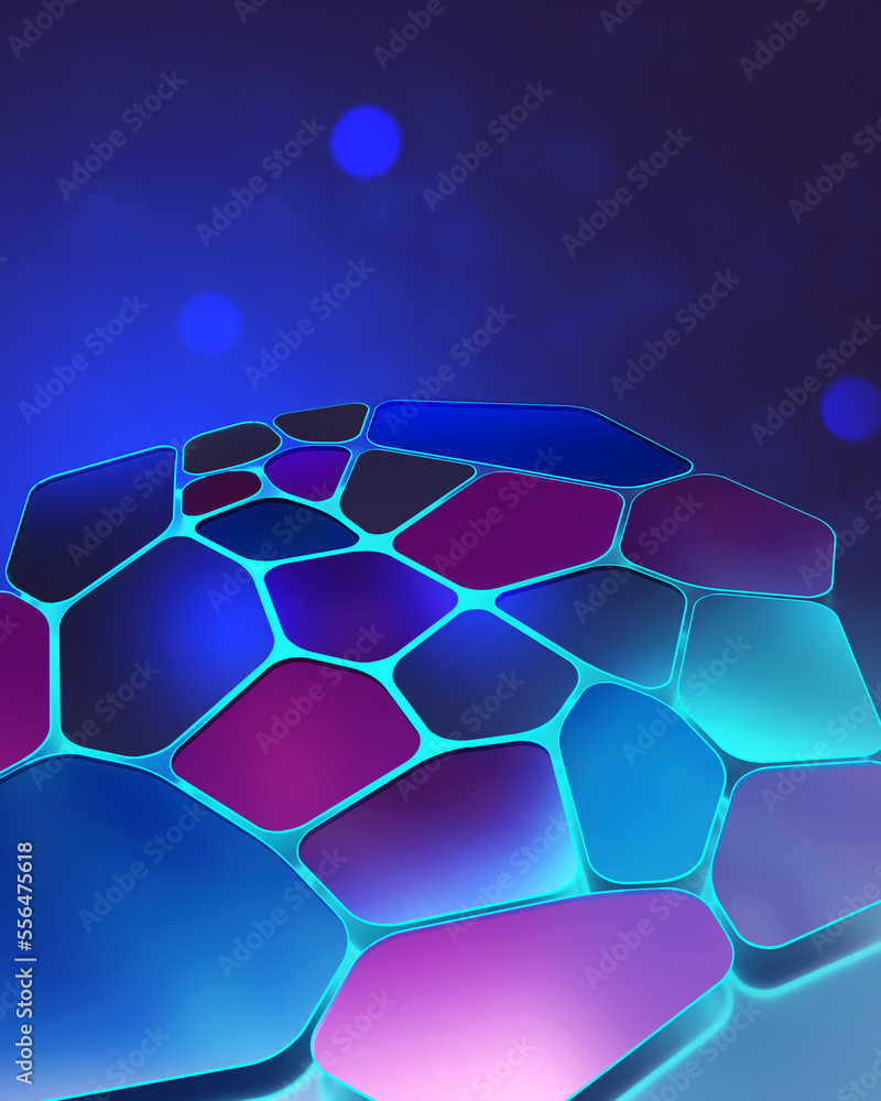 Poster cells of cyberspace in a synthetic neural network. 3d illustration of a fluorescent, neon cyberpunk 