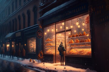 cozy bakery showcase glows yellow, cold winter street, snow, people pass