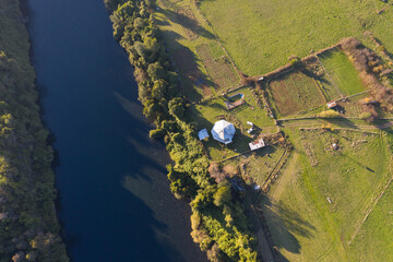 drone shot of lake in southern chile