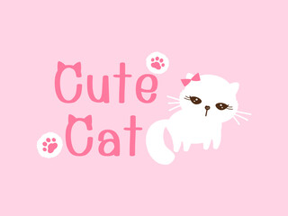 Cat kitten cartoon, foot print and hand written font on pink background vector illustration.