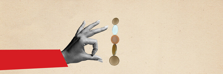 Contemporary art collage. Hand with coins. Concept of business, career, employers, finance, investment, earnings. Flyer with copyspace