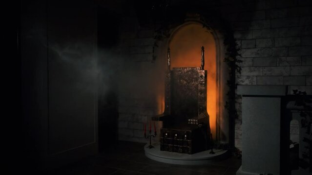Video art. Magical old royal throne stands on pedestal arch. Chair overlord made iron bronze colored. Medieval vintage retro style. Backdrop ancient night room, brick wall, full smoke. orange lighting