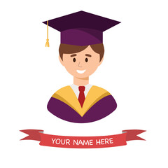 Smiling graduates guy in graduation hat and gown. Graduation greeting card. Vector icon. 