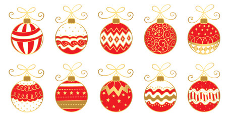 Set of vector red-gold Christmas ornamental balls