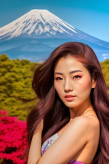 Fototapeta premium Illustration of a young Asian girl with long hair with Mount Fujiyama in the background, fictional person. Made with generative AI