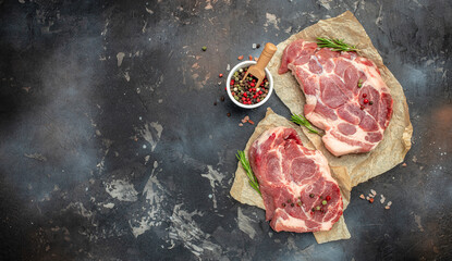 meat, Raw meat pork steaks with seasoning. place for text, top view