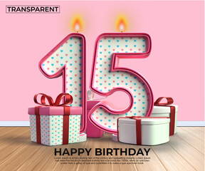 3D render number of Happy Birthday years. 15 anniversary of the birthday, Candle in the form of numbers with 3D gift elements. Vector illustration, pink color