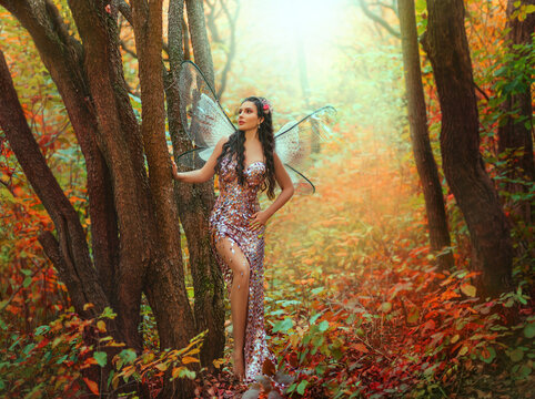 fantasy woman fairy, pixie wings creative costume. Girl angel forest goddess butterfly sexy elf. Magic light autumn nature wood orange foliage trees magic fog glow. Pink sparkle shining evening dress