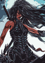 japanese samurai lady illustration with awesome background, A beautiful Japanese girl with a katana , she has a perfect face, 