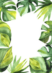 Tropical background with green watercolor leaves. Place for your text. Perfect for wedding and ceremony decoration, stationary, greetings etc.