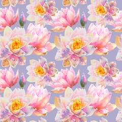 Watercolor Seamless Pattern with Romantic flowers of water lily on violet background.
