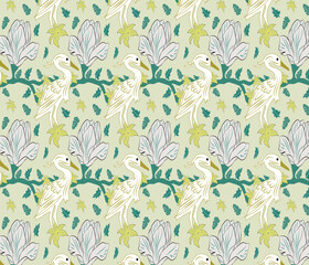 Fototapeta na wymiar Swan and floral vector repeat pattern with ghost white color background