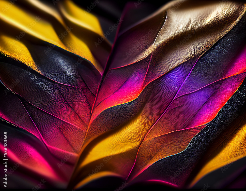 Poster Close up Beautiful abstract leaf in colorful light. Minimalism modern style concept. Dark Background pattern for design.	