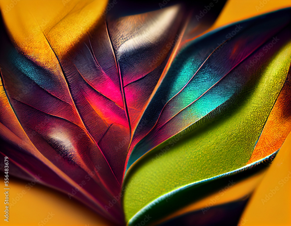 Poster Close up Beautiful abstract leaf in colorful light. Minimalism modern style concept. Dark Background pattern for design.	