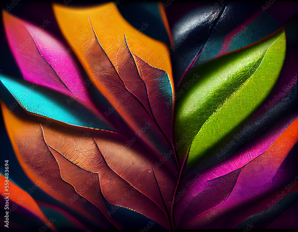 Aufkleber close up beautiful abstract leaf in colorful light. minimalism modern style concept. dark background