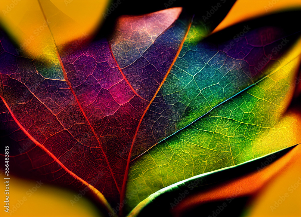 Poster close up beautiful abstract leaf in colorful light. minimalism modern style concept. dark background
