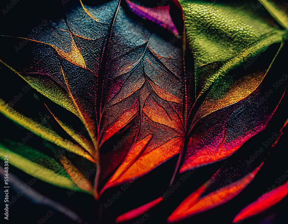 Poster close up beautiful abstract leaf in colorful light. minimalism modern style concept. dark background
