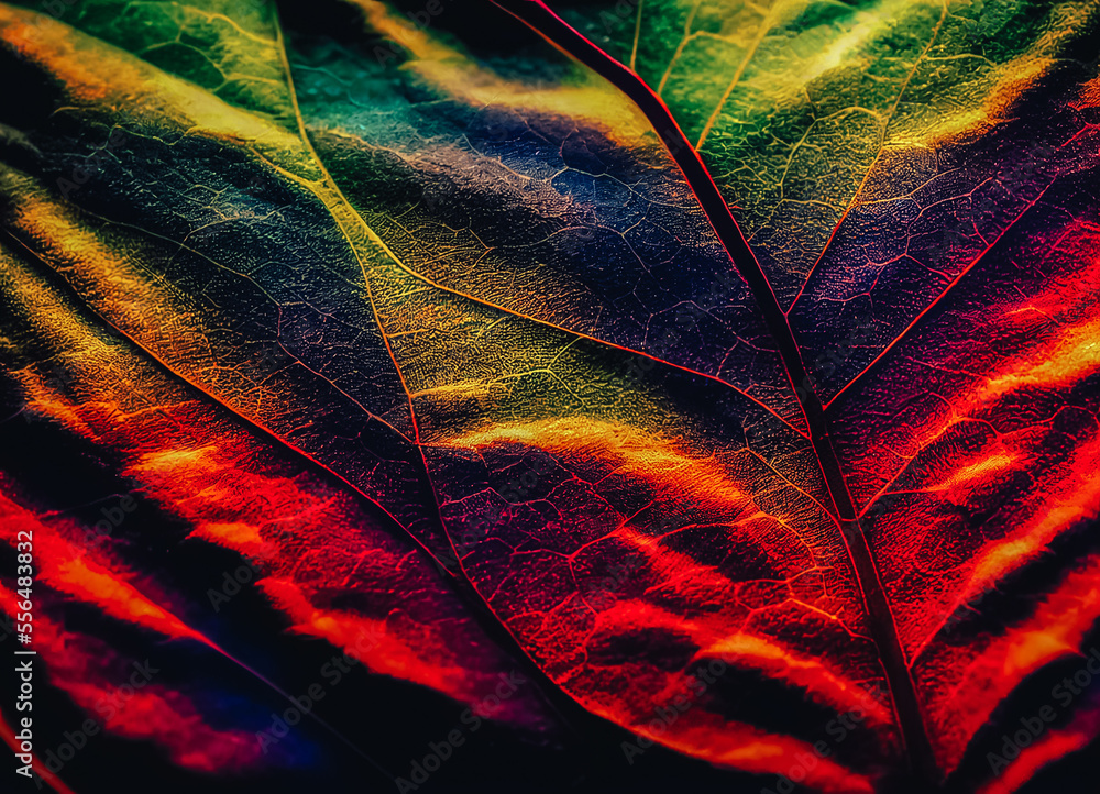 Poster close up beautiful abstract leaf in colorful light. minimalism modern style concept. dark background