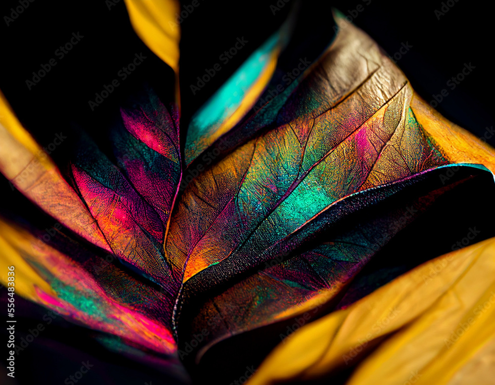 Poster close up beautiful abstract leaf in colorful light. minimalism modern style concept. dark background