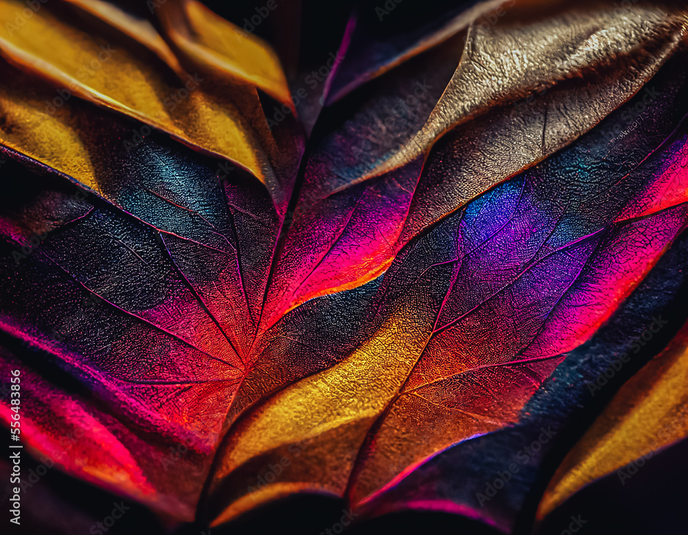 Poster close up beautiful abstract leaf in colorful light. minimalism modern style concept. dark background
