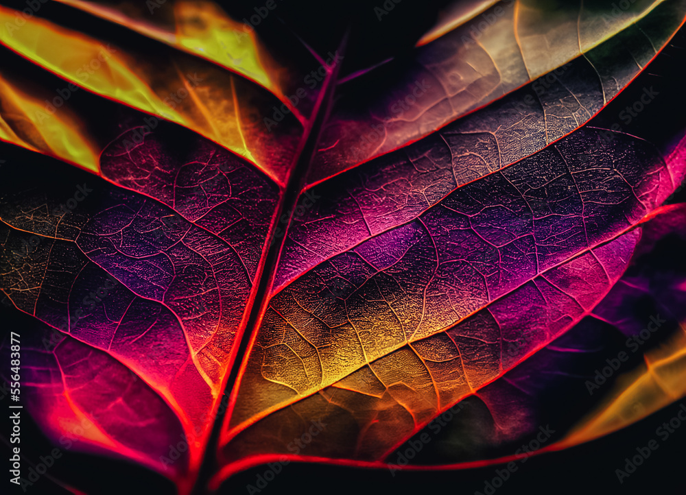 Aufkleber Close up Beautiful abstract leaf in colorful light. Minimalism modern style concept. Dark Background pattern for design.	