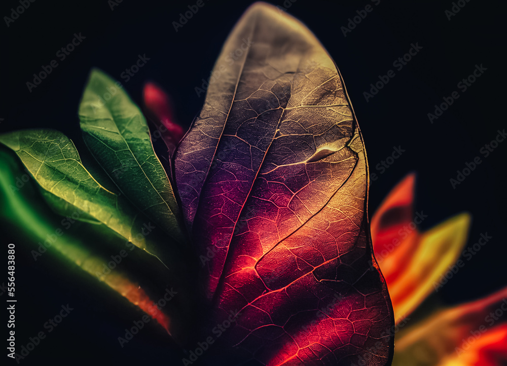 Poster close up beautiful abstract leaf in colorful light. minimalism modern style concept. dark background