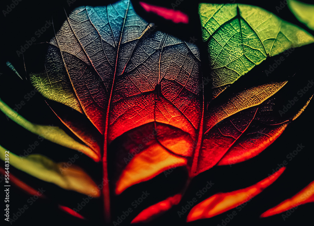 Poster close up beautiful abstract leaf in colorful light. minimalism modern style concept. dark background
