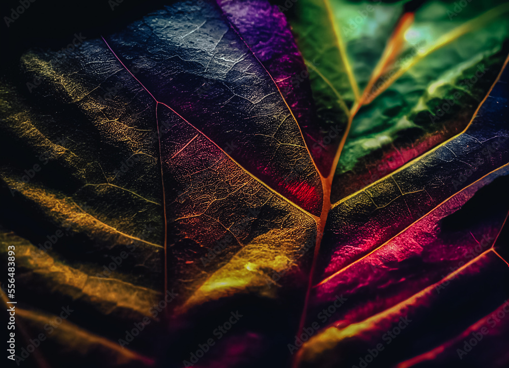 Aufkleber close up beautiful abstract leaf in colorful light. minimalism modern style concept. dark background