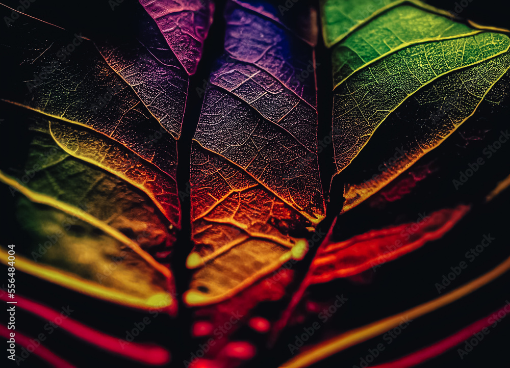 Aufkleber Close up Beautiful abstract leaf in colorful light. Minimalism modern style concept. Dark Background pattern for design.	