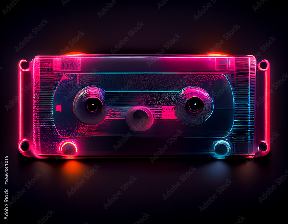 Poster beautiful audio cassette tape in neon light.minimalism retro style concept. 80s. background pattern 