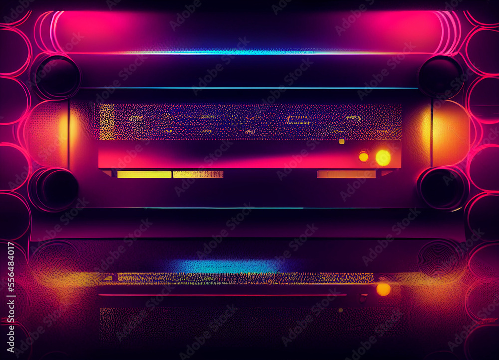 Poster beautiful audio cassette tape in neon light.minimalism retro style concept. 80s. background pattern 